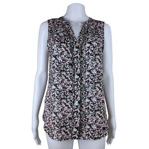 APT 9 XS Sleeveless Button Up V Neck Colorful Abstract Floral Art Office Blouse